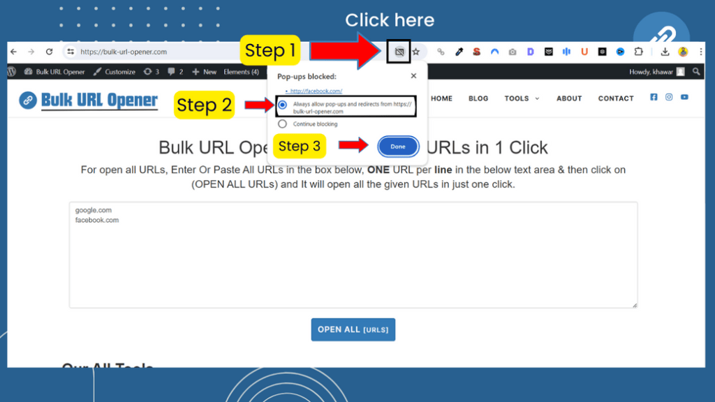 A step-by-step guide on how to open multiple links at once in chrome, and enable popups. The first step is to click on the URL. The second step is to allow pop-ups and redirects from the website bulk-url-opener.com. The third step is to enter or paste all the URLs you want to open in the text area, one URL per line. Then, click the button "Open All URLs" and it will open all the URLs in one click.
